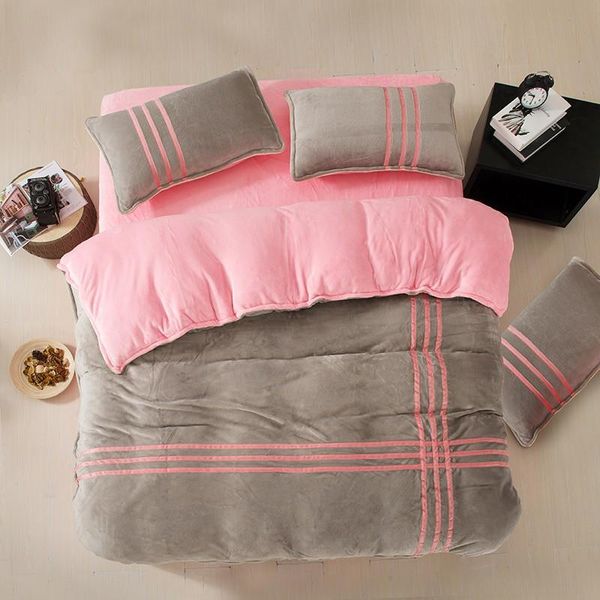 

silver grey pink bedding set flannel bed set luxury cross stripes duvet cover bed sheet pillowcases twin  king size