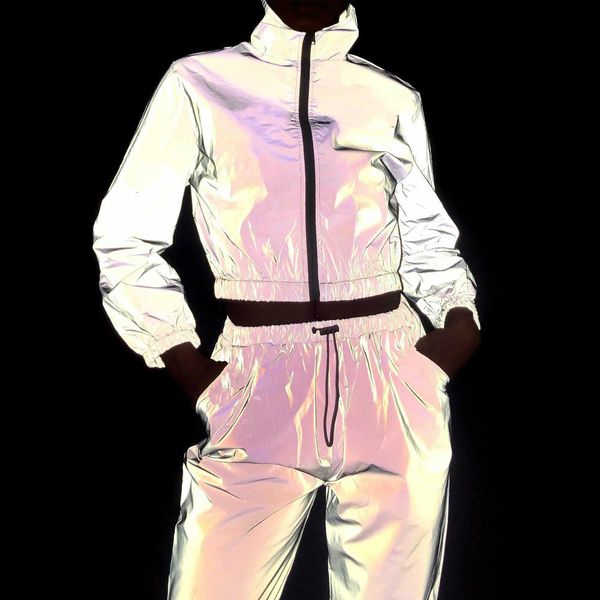 

fashion two piece sets women tracksuits set reflective jacket and long pants ladies loose zipper shine sweatsuit outfits sets, White