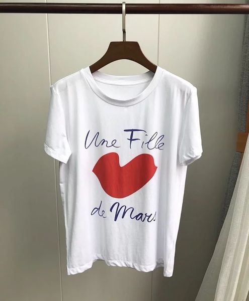 

women t-shirt love lip print vintage red lips cotton short sleeve t-shirt, White