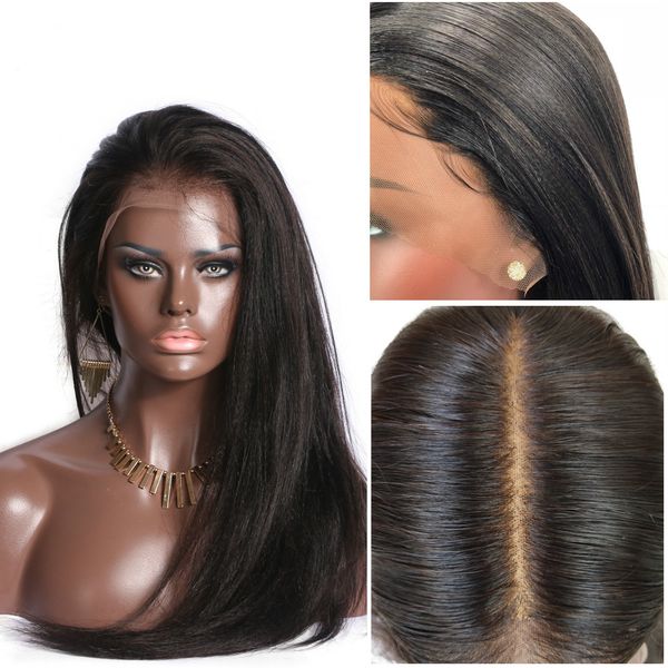 

13x6 yaki straight fake scalp human lace wigs preplucked 150% glueless remy brazilian lace front wig bleached knots, Black