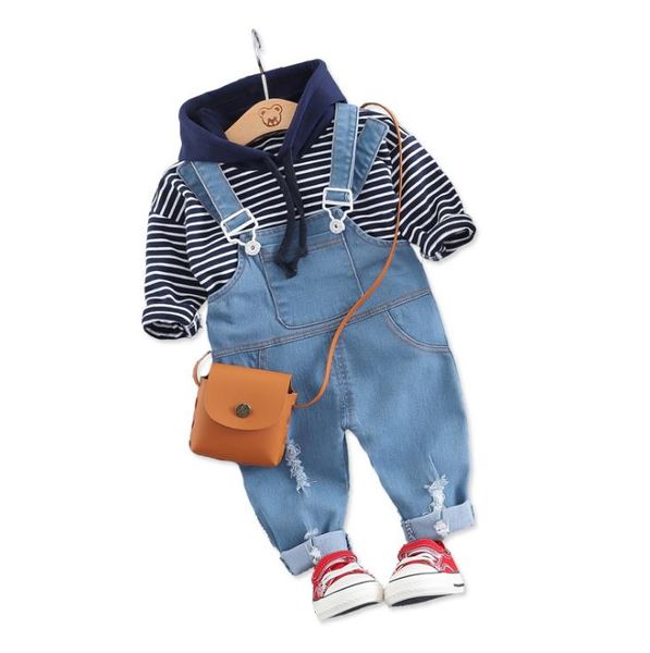 

children's suit 2019 spring new boy long-sleeved hooded two-piece boy casual striped sweater strap jeans (no bag, White