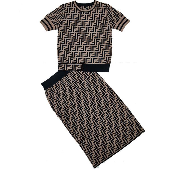 

designer knits tees and skirts brand ff two piece dress t-shirt + elastic knitted hip skirt luxury two-piece suit women dresses, White