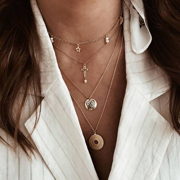 

bohemian gold color alloy multilayered pendants charm necklac for women trendy chains heart rounds necklace party boho chokers, Golden;silver