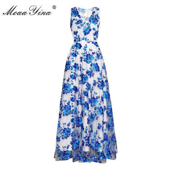 

moaayina fashion designer runway dress spring summer women dress v-neck blue flower embroidery prom party noble elegant dresses, Black;gray