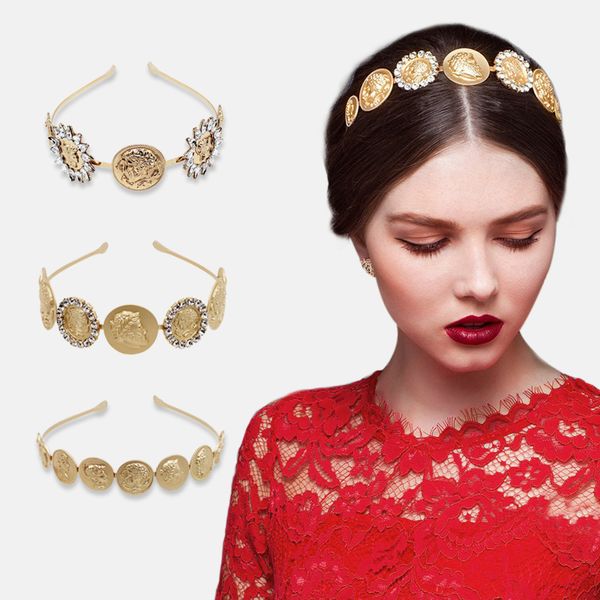 

retro metal medusa ancient god coin hair band baroque gorgeous shining diamond headwear royal crown jewel wedding headband