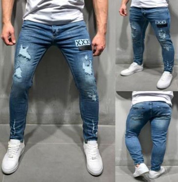 

new blue denim jeans mens clothing ripped xxx embroidery design long pencil pants clothes