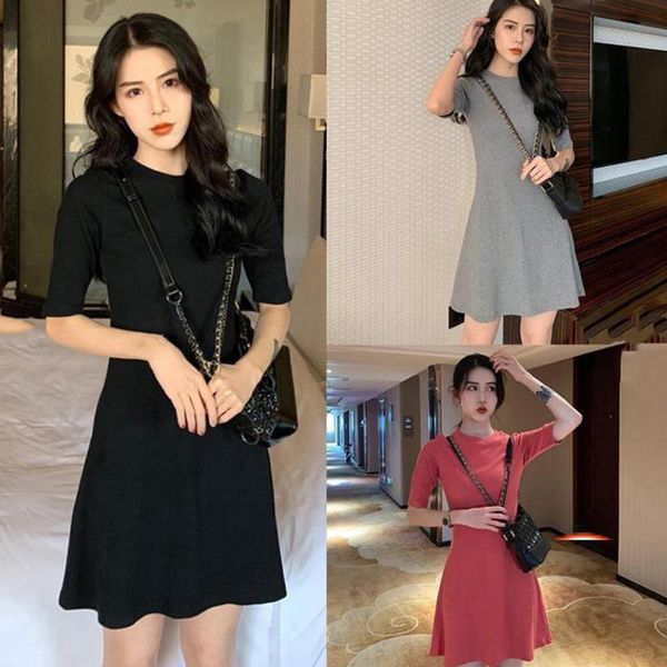 

модные простые летние платья для женщин новый французский сплошной цвет платье vestidos de verano тонкий тонкий футболка платья sukienka #25, Black;gray