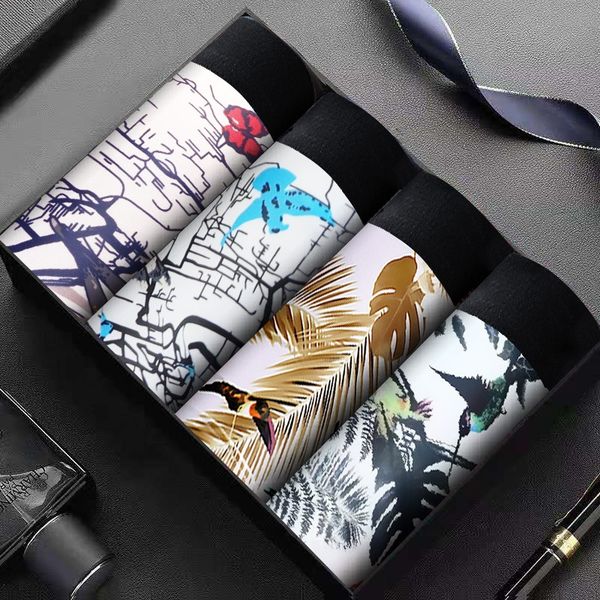 

shangdingniu under underpants boxed men's boxer pants breathable mid-waist printed underwear men's ice silk underwear fashion, Black;white