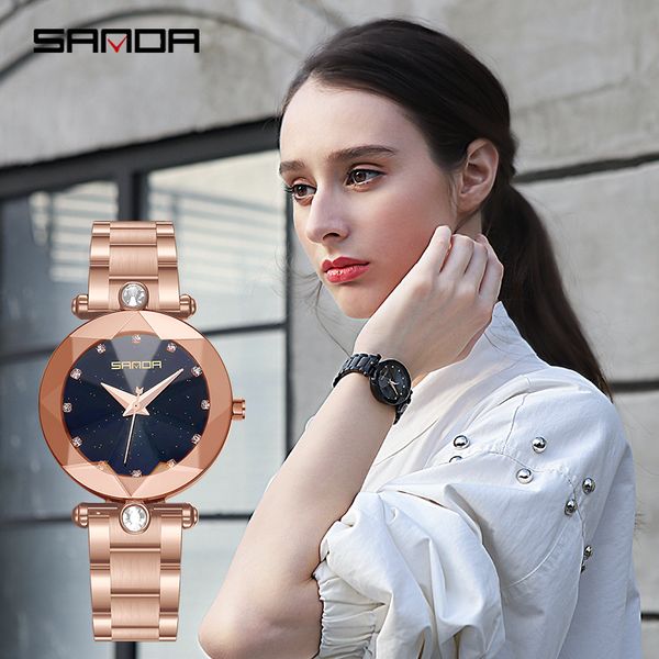 

2019 sanda new style women's watch steel belt fashion trend star dial design 30 meters waterproof elegant atmosphere woman watch, Slivery;brown