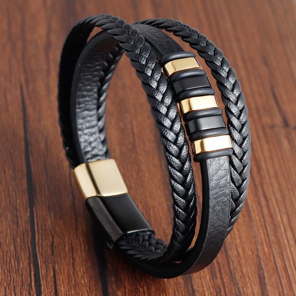

leather rope bracelet stainless steel leatherwear weave bracelet genuine leather multi-storey jewelry man concise hand decorate, Golden;silver