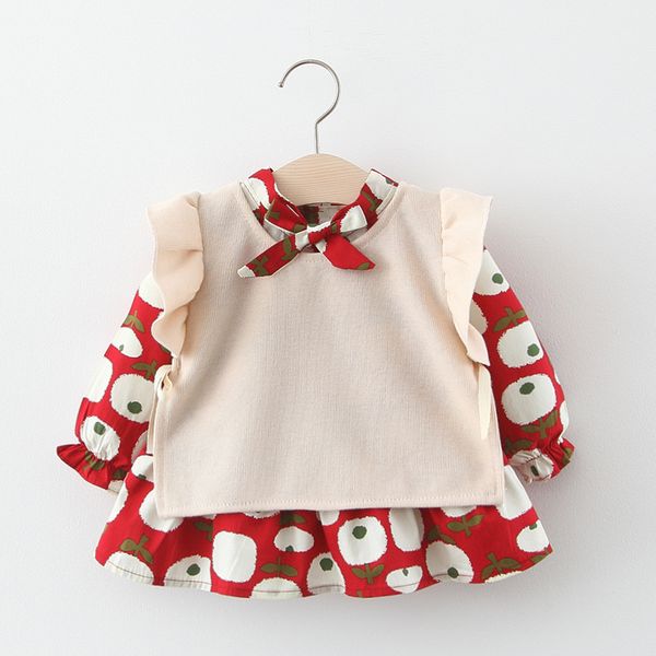 

cute girls autumn spring solid vest flower full sleeve outwear bow dress kids baby clothing toddler clothes sets 2pcs 3-24m, White