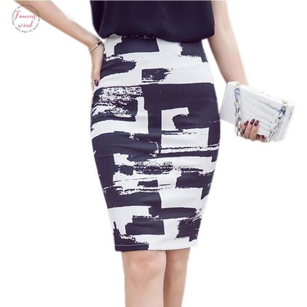 

women skirt summer 2020 elegant high waist skirt vintage office saias feminina formal print pencil skirt plus size, Black