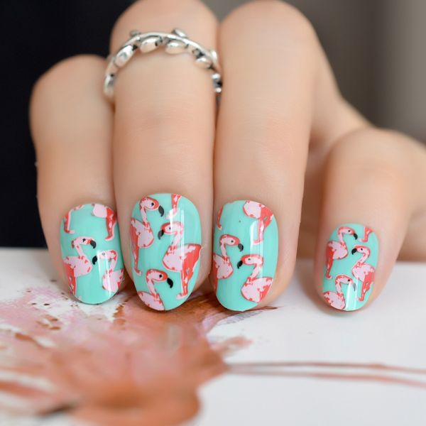 

flamingo pattern green false fake nails red bird round head full cover press on nails for bride office summer wear accessories, Red;gold