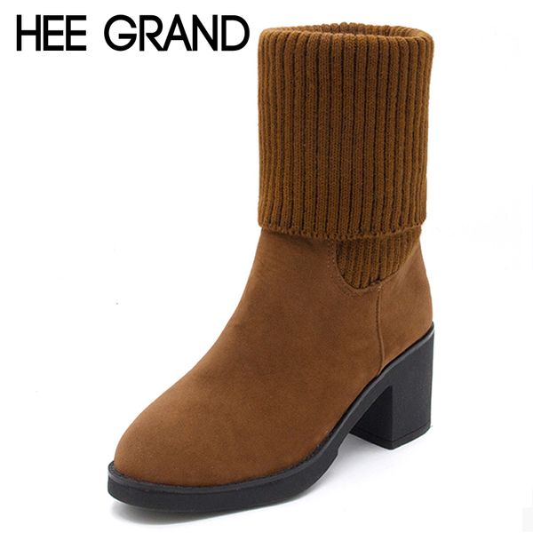 

hee grand women's boots for winer solid plain platform square heel slip on knitted ankle boot warm platform shoes woman xwx6784, Black