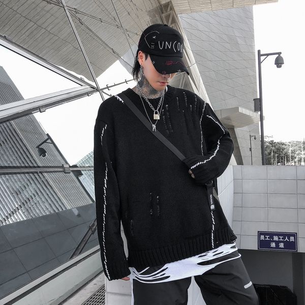 

solid hole sweater hip hop 2019 autumn new men, White;black