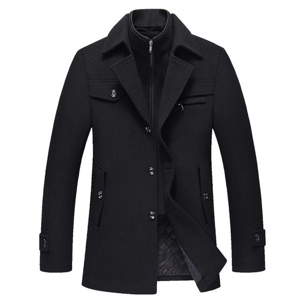 

new winter wool jacket men's high-quality fashion wool coat casual coat men's long cottontrench turn-down collar thick, Black