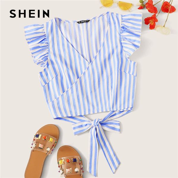 

шеин сборки пройма узел назад полосатый топ синий belted wrap slim fit v шеи без рукавов лето симпатичные женские топы и блузки, White