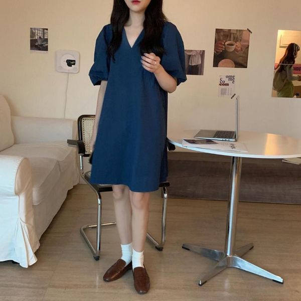 

chic summer loose dress women high waist v-neck bubble sleeve dress female mujer vestidso my568, Black;gray