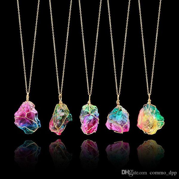 

rainbow natural stone pendant necklace for women men healing crystal quartz irregular stone charm gold chains fashion jewelry, Silver