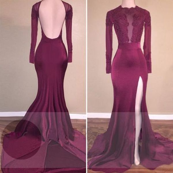 

long sleeves backless prom dress with slit, Black