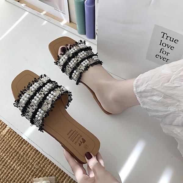 

flat shoes female womens slippers outdoor summer woman pantofle luxury slides low beach 2020 soft designer fabric rubber, Black