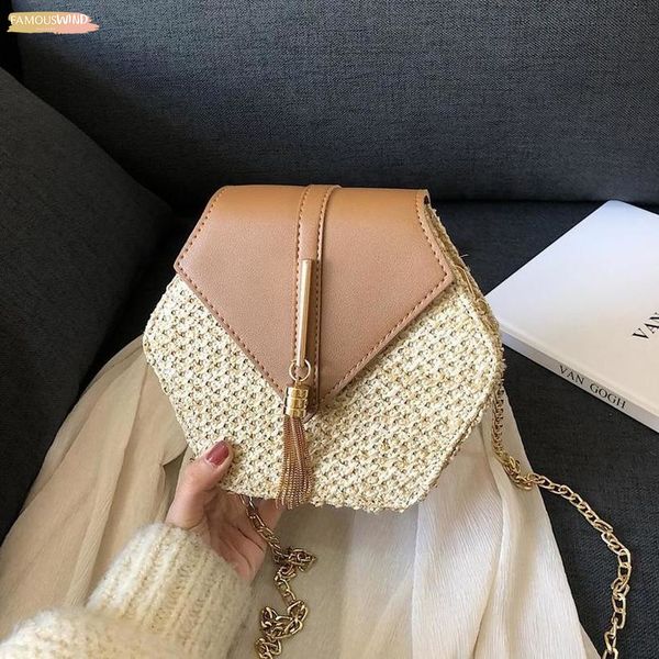 

hexagon mulit style straw leather handbag women summer rattan bag handmade woven beach circle bohemia shoulder bag y20