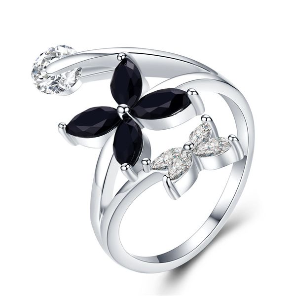 

sodrov cute 925 sterling silver jewelry zircon flower elegant wedding rings for women black spinel girl's finger ring g055, Golden;silver