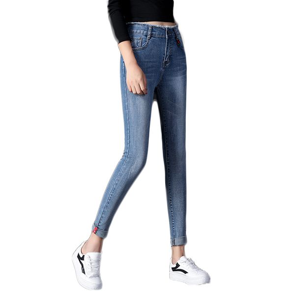 

spring/fall 2019 new korean version of skinny, high-waisted jeans for women stretch, fleece, thick, long-legged trousers, Blue