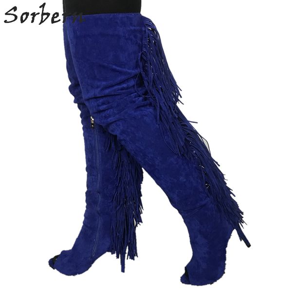 

royal blue tassel boots women over the knee custom thigh high stilettos fringed boots females wide fit legs pointed toe, Black