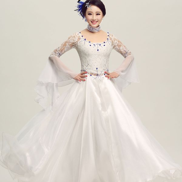 

women modern dance dress round collar set auger big horn sleeve skirt ballroom dance competition performance skirt waltz dress, Black;red