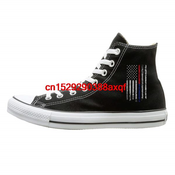 

canvas shoes thin red & blue line american flag fashion high lace ups canvas sneakers for men's women's, Black
