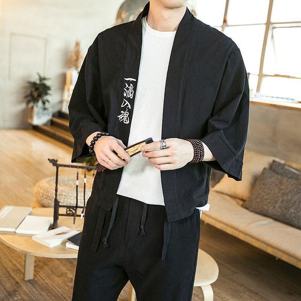 

cotton linen men shirts male chinese japan style embroidery three quarter sleeve open stitch shirts da078, Black;brown