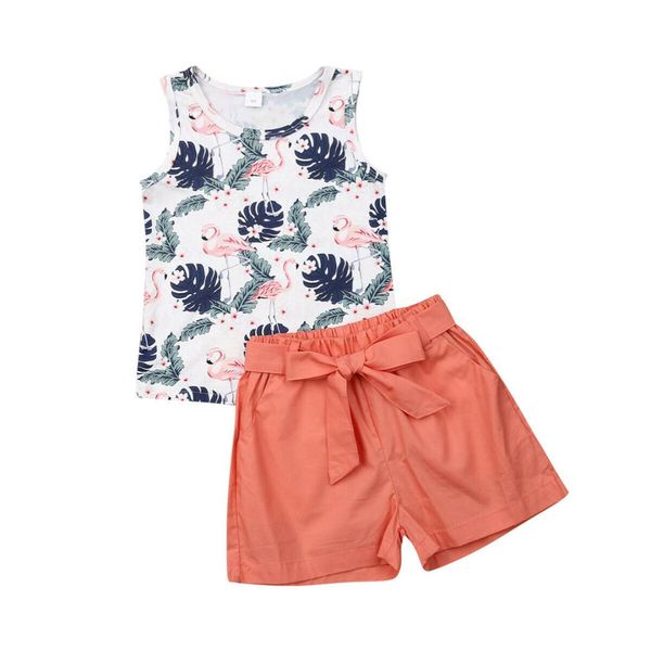 

2pcs toddler kids baby girls outfits clothes sets sleeveless floral t-shirt short pants set 2-7y, White