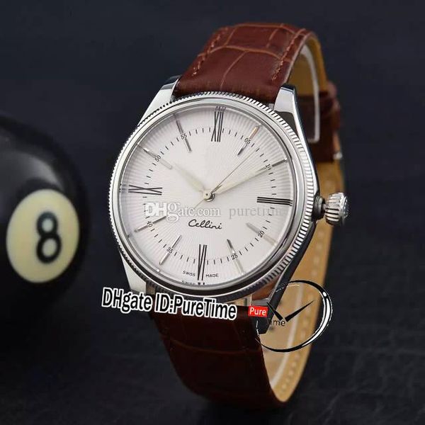 

новый челлини время m50509-0017 a2813 автоматическая мужские часы стальной корпус рифленый ободок белый текстуры циферблат roman маркер кори, Slivery;brown