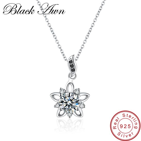 

black awn] genuine 925 sterling silver jewelry 1.3ct flower black spinel stone necklace for women necklaces pendants p027