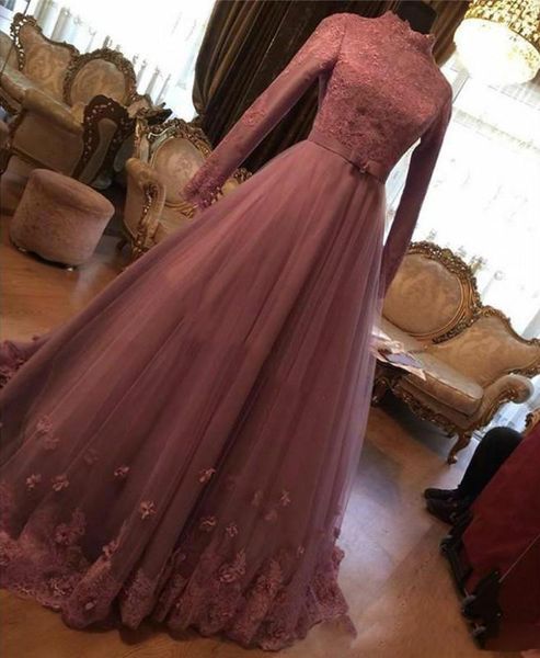 Romantisches muslimisches Saudi-Arabien-Dubai-Abendkleid mit langen Ärmeln, Spitzenapplikationen, Stehkragen, Party, formelles Abschlussballkleid, Festzugskleider, Robe de Soiree