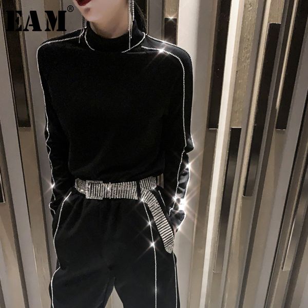 

eam] women black rhinestone shining split temperament t-shirt new turtleneck long sleeve fashion spring autumn 2020 1r350, White
