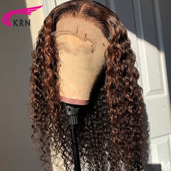 

krn highlight 13x6 lace front human hair wig for women remy hair wig pre plucked bleached knots with baby, Black;brown