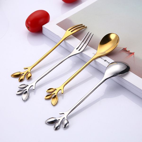 

creative leaf shape handle coffee spoon teaspoon dessert snack scoop fork couple tea spoon/fork kitchen accessories tableware