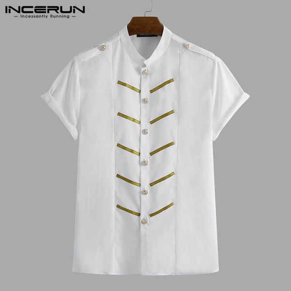 

incerun fashion men uniform shirt short sleeve printed stand collar button elegant brand dress shirts men breathable summer, White;black