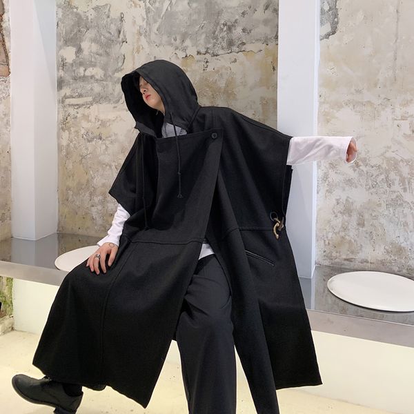 

мужчины япония стиль gothic шерсти с капюшоном пальто шинель мужской vintage streetwear сыпучие плащ куртка верхняя одежда этап одежда, Black