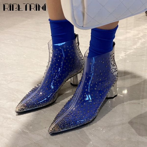

ribetrini 2020 spring new ladies pointed toe crystal ankle shoes woman brand transparent boots women high chunky heel boots, Black