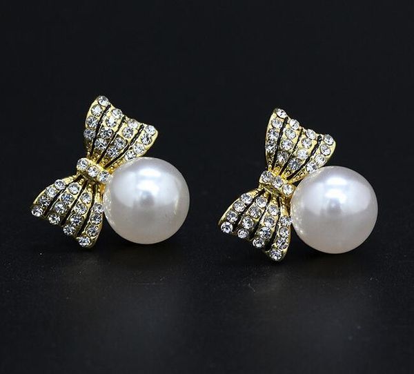 

fashion bow sweety earrings anti-allergy alloy zirconia stud earrings gem rhinestone crystal ear stud jewelry for women, Golden;silver