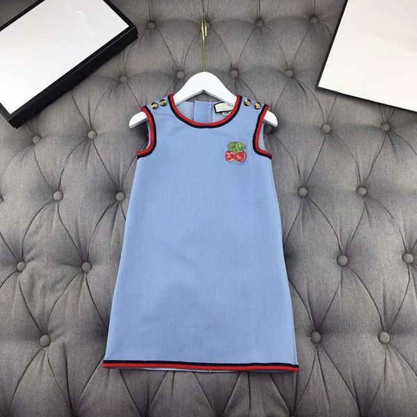 

european and american parent-child outfit 2020 spring and summer new styles sleeveless cherry embroidered wash denim girl dress, Blue
