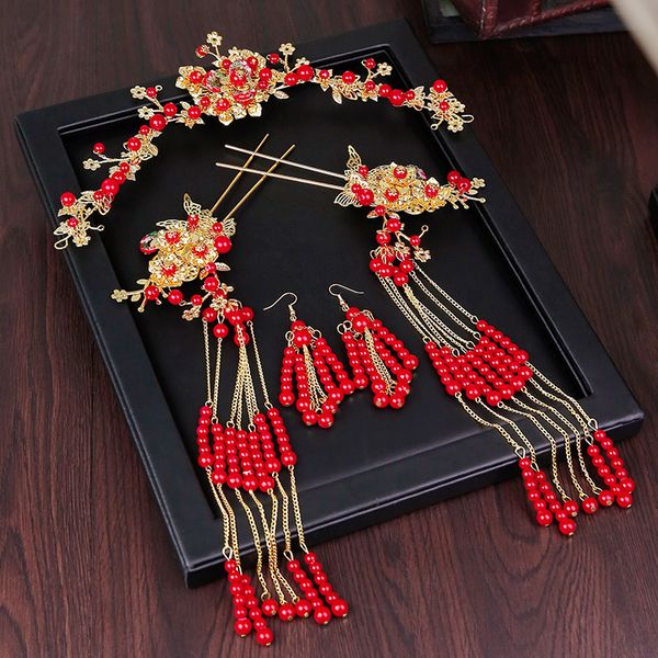 

t1011 new pattern bride headwear chinese style wedding hair accessories handmade bridal crown red beads tassels hairpins earring, Slivery;golden