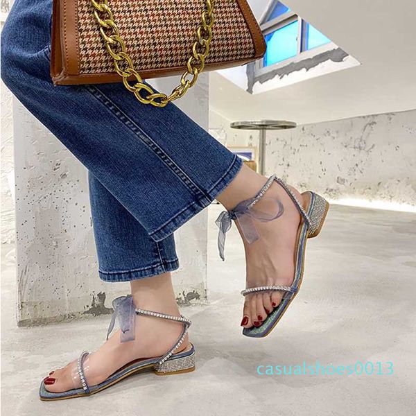 

fairy style ribbon lace-up open toe transparent sandals women dazzling crystal thicken low heels sandalias square toe flip flops c13, Black