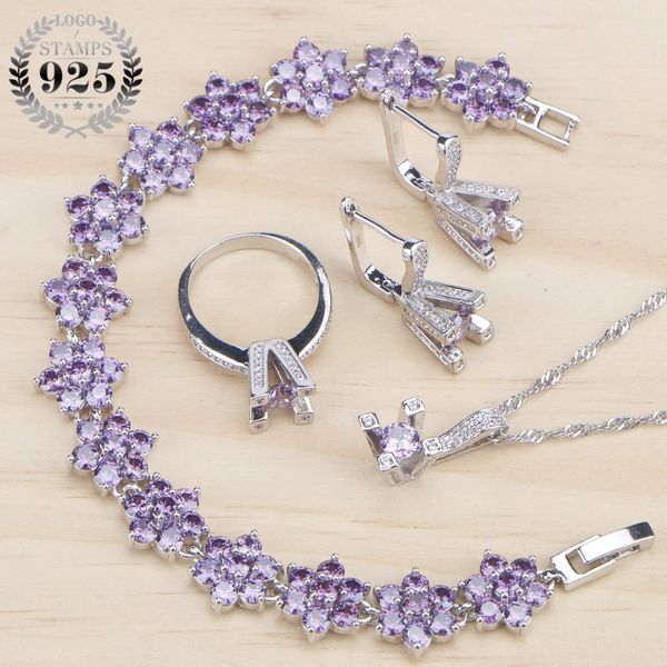

purple cubic zirconia costume bridal jewelry sets women wedding jewelry rings bracelet necklace earrings stone set gift box, Slivery;golden