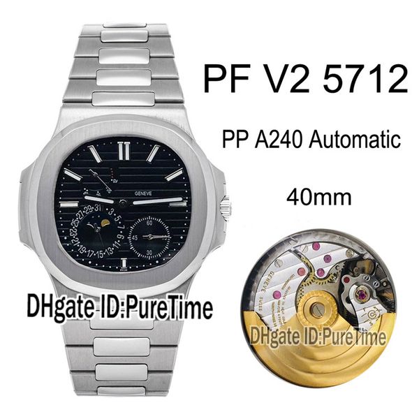 

new pf nautilus moonphase 5712 cal a240 lu cl automatic mens watch steel case black texture dial power reserve steel bracelet puretime a1, Slivery;brown