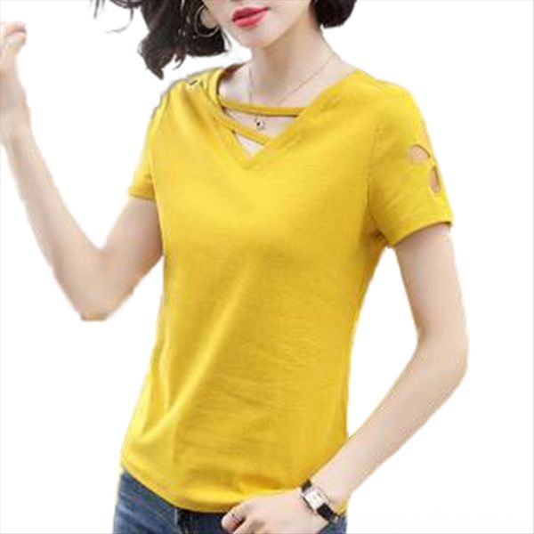 

95 cotton formal dress short-sleeved t-shirt women's solid color hollowed-out v-neck 2019 short-sleeved large-size jumbo all-match summ, White
