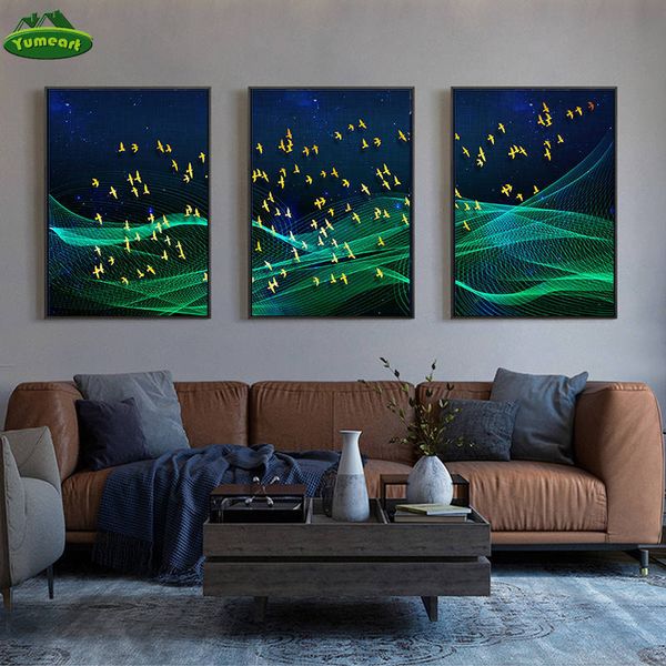 

nordic green net and gold birds yellow blue canvas paintings wall art pictures for living room home decor modern posters prints